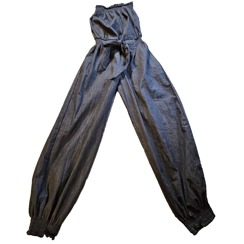 Vamp Denim Jumpsuit Sz M Strapless,Elastic Tie Waist Gathered Leg Dark Denim Y2K